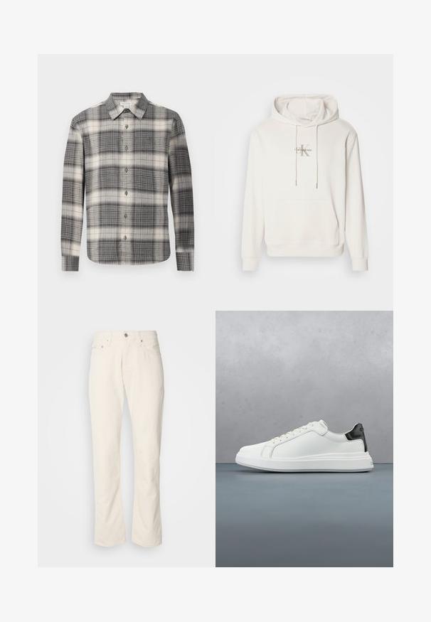 Witte hoodie van zachte stof; voorzien van een voorkant met een kangoeroezak, geribbelde manchetten en een logo met "Calvin Klein" boven een gestileerde "K."; Langearmige geruite shirt in zwart en crème. Voorzien van een knoopsluiting aan de voorkant, klassieke kraag en een gevarieerd ruitpatroon. Zachte stoftextuur.; Beige katoenen jeans met een klassiek recht model, met een knoopsluiting aan de voorkant, vijf zakken en subtiele stikdetails.; Witte sneaker met een gladleren bovenkant en een contrasterende zwarte hielaccent. Beschikt over platte veters en een gestructureerde rubberen zool.
