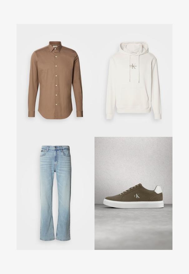 Sweatshirt à capuche blanche en tissu doux ; il possède une poche kangourou à l'avant, des poignets côtelés et un logo avec "Calvin Klein" au-dessus d'un "K" stylisé.; Calvin Klein SLIM - Chemise - new tan; Jeans en denim bleu clair avec une coupe droite, dotés de cinq poches, d'une fermeture à bouton et d'une légère décoloration sur le tissu.; Baskets brunes Calvin Klein avec semelle blanche et lacets blancs, présentées devant un mur en blocs de verre et un sol en béton.