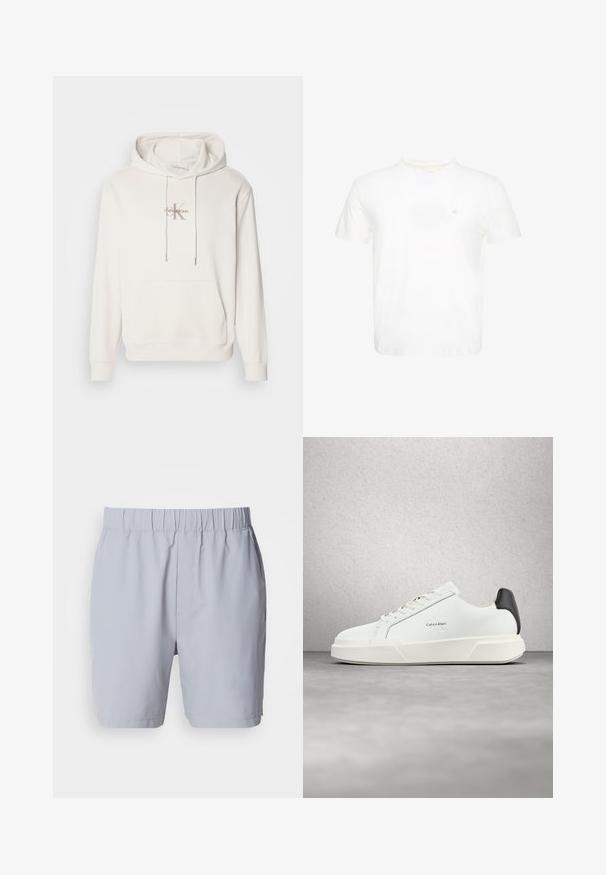 Hvid hættetrøje i blødt stof; har en frontlomme i kangaroo-stil, ribbede manchetter og et logo med "Calvin Klein" over et stiliseret "K."; Hvid T-shirt med korte ærmer og rund hals med lille broderet "ck" logo på venstre bryst.; Lysegrå badebukser med elastisk talje, to sidelommer og et glat, letvægtsstof. Ingen synlige mønstre eller udsmykninger.; Hvide sneakers med en glat læderoverdel, flade snørebånd og en forhøjet hvid sål. Har en sort detalje ved hælen og et præget logo.