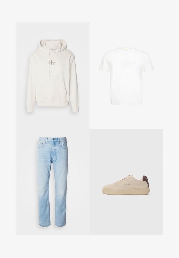 Hvid hættetrøje i blødt stof; har en frontlomme i kangaroo-stil, ribbede manchetter og et logo med "Calvin Klein" over et stiliseret "K."; Hvid T-shirt med korte ærmer og rund hals med lille broderet "ck" logo på venstre bryst.; Lyseblå denimjeans med lige ben, har slidte sektioner, fem lomme-design og en klassisk knapåbning.; Beige ruskind sneakers med rund tå, snørret foran og en brun ruskindsdetalje på hælen. Har en tekstureret gummisål.