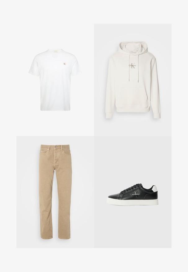Biela mikina s kapucňou z mäkkej tkaniny; má predné klokanie vrecko, rebrované manžety a logo s nápisom "Calvin Klein" nad štylizovaným "K."; Biele tričko s krátkym rukávom a okrúhlym výstrihom s malou čierno-červenou nášivkou Calvin Klein na ľavej strane hrude.; Béžové bavlnené nohavice s rovnom strihom, pričom obsahujú predné vrecká, zapínanie na gombík a jemné prešívanie pozdĺž švov.; Čierny kožený teniska s bielou gumovou podrážkou, čiernymi šnúrkami a logom Calvin Klein na boku. Má kontrastný jazyk na päte.