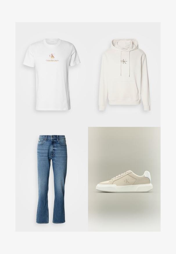 Biela mikina s kapucňou z mäkkej tkaniny; má predné klokanie vrecko, rebrované manžety a logo s nápisom "Calvin Klein" nad štylizovaným "K."; Biela bavlnená tričko s okrúhlym výstrihom, s potlačou loga v oranžových a zlatých odtieňoch, umiestnenou na strednej časti hrude.; Svetlo modré denimové rifle s rovnými nohavicami a jemným rozšírením. Majú päť vreciek, zapínanie na gombík a jemné detaily zohybovania.; Béžová nízka teniska s hrubou bielou podrážkou, šnúrkami, bielou pätovou časťou a nenápadným logom CK na bočnom paneli.