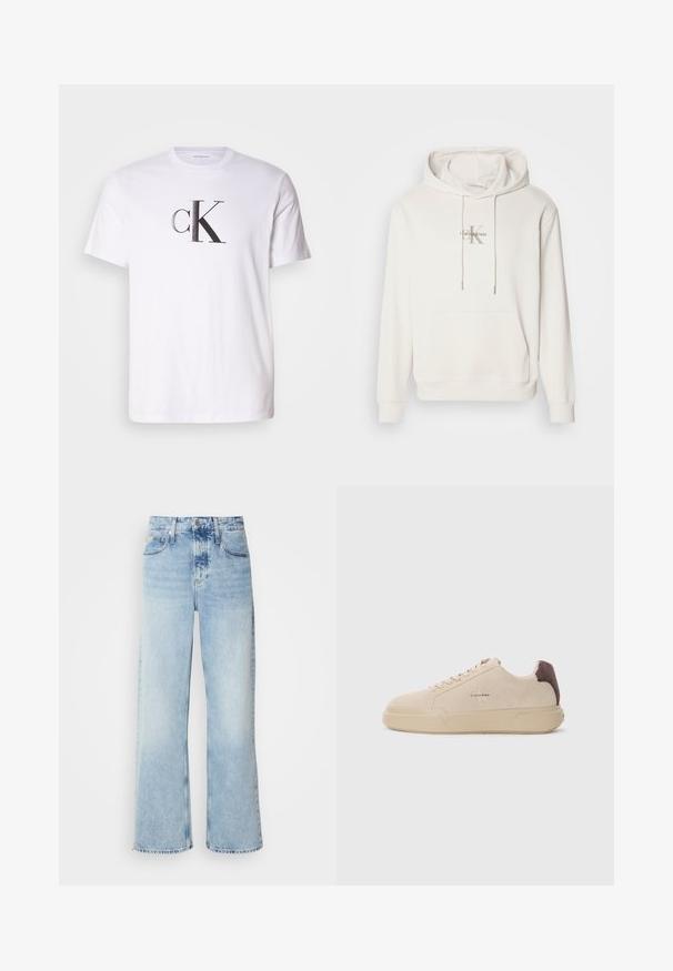 Weißer Kapuzenpullover aus weichem Material; verfügt über eine frontale Kängurutasche, gerippte Bündchen und ein Logo mit "Calvin Klein" über einem stilisierten "K."; Weißes Baumwoll-T-Shirt mit einem auffälligen schwarzen 'cK'-Logo in fetter Schrift auf der Vorderseite. Kurze Ärmel mit einem klassischen Rundhalsausschnitt.; Helle blaue weite Jeans mit hoher Taille, in verwaschenem Finish, mit Gürtelschlaufen und klassischem Fünf-Taschen-Design. Der Saum ist ungesäumt.; Beige Wildleder-Sneaker mit runder Spitze, Schnürung vorne und einem braunen Wildlederakzent an der Ferse. Verfügt über eine strukturierte Gummisohle.