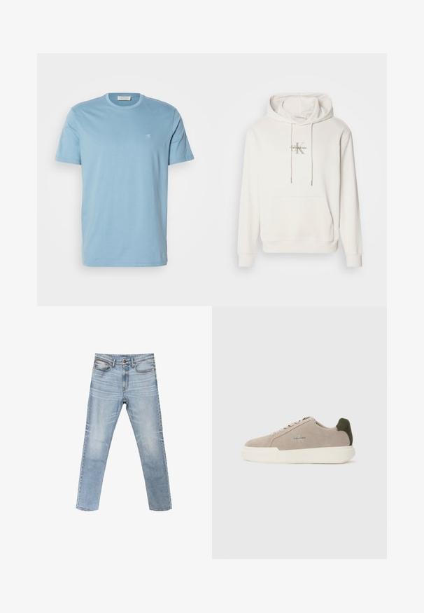 Sudadera blanca con capucha en tejido suave; presenta un bolsillo canguro frontal, puños acanalados y un logo con "Calvin Klein" sobre una "K" estilizada.; Camiseta de algodón azul claro con cuello redondo, mangas cortas y un pequeño logotipo blanco en el pecho. Textura suave, diseño sencillo.; Vaqueros ajustados de color azul claro con cinco bolsillos, cierre de botón, lavado desgastado y una pequeña etiqueta con el logo de Calvin Klein en el bolsillo delantero derecho.; Zapatillas de piel de ante beige con suela de goma blanca, que presentan un acento en el talón de color verde oscuro y un sutil logo en el lateral.