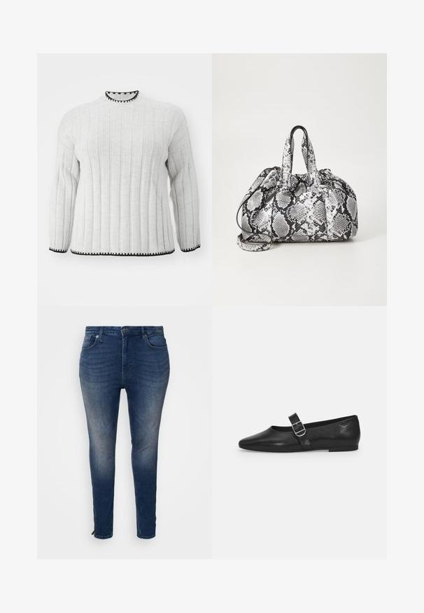 Helehall ribidega sviiter pikkade varrukatega, millel on must äär kõrgel kaelusel ja alläärel. Pehme tekstuur ja casual disain.; Tumed denim teksad, sobiva disainiga, viie tasku, kontrastses õmbluses ja lukuga detailiga sääreosas.; Must värvi nahast tasased kingad ümarate varvastega, ühe reguleeritava paelaga ja siledat, läikivat pinda. Minimalistlik disain madala kontsaga.; Mustvalge naha mustriga käekott, millel on kaks käepidet, joonimise sulgemine ja eemaldatav õlavarre rihm. Sile tekstuur.