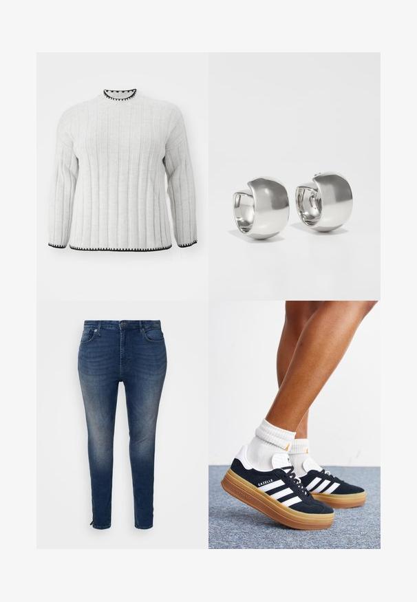 Suéter de color gris claro con ribete, de mangas largas, que presenta un acabado negro en el cuello alto y en el dobladillo. Textura suave y diseño casual.; Jeans de mezclilla de color azul oscuro con un diseño ajustado, cinco bolsillos, costuras en contraste y un detalle de dobladillo con cremallera en los tobillos.; Piernas con calcetines blancos y zapatillas Adidas Gazelle negras con rayas blancas y suelas marrones gruesas sobre un suelo alfombrado gris.; Uncommon Matters SCULPTURAL LARGE CREOLE - Pendientes - silver-coloured