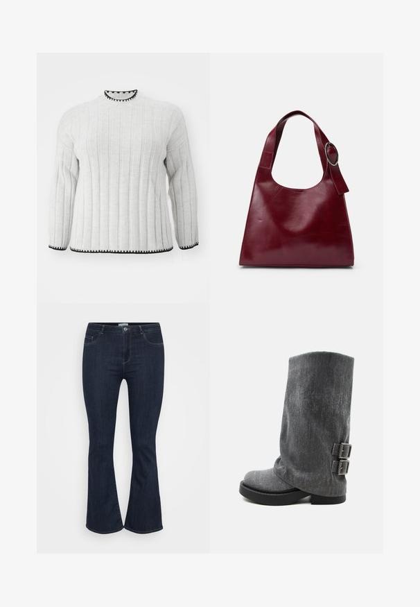 Suéter de color gris claro con ribete, de mangas largas, que presenta un acabado negro en el cuello alto y en el dobladillo. Textura suave y diseño casual.; Jeans de mezclilla de tiro alto en azul oscuro, con un ajuste ceñido en los muslos y un ligero acampanado en la parte inferior, que cuentan con bolsillos frontales y cierre de botón.; Bota holgada gris hasta media pantorrilla con suela negra y dos hebillas ajustables en el lateral, vista de perfil sobre fondo blanco.; Bolso tote de cuero burdeos con una textura suave y lisa, que cuenta con una amplia correa de hombro y un acento de anillo metálico. Diseño minimalista.