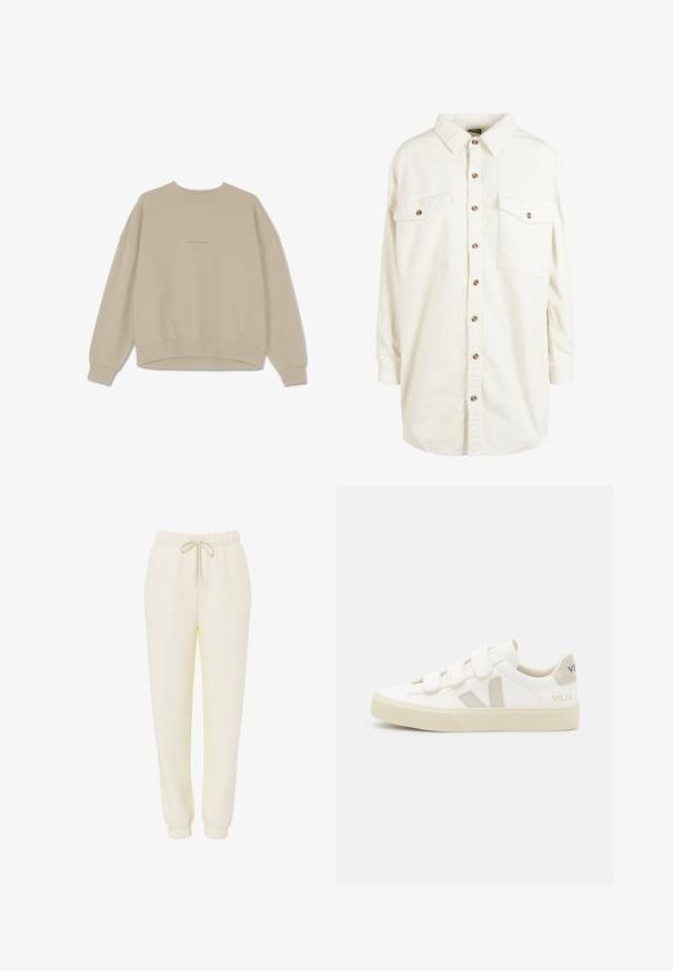 Sweatshirt beige en coton doux, avec un col rond, des épaules tombantes et des poignets côtelés, ornée du mot "PEGAADOR" brodé sur le devant.; Chemise en velours côtelé couleur crème à manches longues avec col, boutons marron sur le devant et deux poches poitrine avec boutons.; Pantalon de survêtement décontracté couleur crème avec ceinture élastique et cordon de serrage, jambes effilées et poignets élastiques.; Baskets blanches avec des bandes Velcro, accents en daim beige, semelle en caoutchouc texturée et logo V gris. Design minimaliste, forme arrondie.