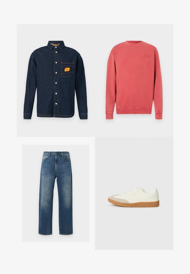 Korallenfarbenes Sweatshirt mit meliertem Muster, Rundhalsausschnitt, langen Ärmeln, gerippten Bündchen und Saum. Verfügt über ein dezentes, eingeprägtes Logo auf der Brust. Weiches Baumwollmischgewebe.; Dunkelblaue Denim-Hemd mit Button-Down-Kragen, orangefarbener Etikett auf der Brusttasche und weißen Knöpfen. Weiche Textur mit Kontrastnähte.; Blaue Jeans mit geradem Bein, verblasste Stellen an den Oberschenkeln, im Fünf-Taschen-Stil, mit Knopf- und Reißverschluss.; Sneaker aus weißem Leder mit einer beigen Zehenkappe und leichter brauner Gummisohle. Verfügt über flache weiße Schnürsenkel und geprägtes Branding an der Seite.