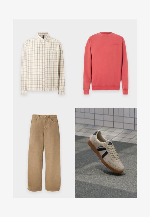 Sweat-shirt corail chiné, col rond, manches longues, poignets et ourlet côtelés. Présente un logo discret embossé sur la poitrine. Matière douce en mélange de coton.; Chemise à manches longues en plaid beige avec fermeture à boutons sur le devant, une poche poitrine unique et un col classique, présentée sur un fond uni.; Pantalon beige en coton à jambes droites, avec bouton sur le devant, fermeture éclair, passants pour ceinture, et design à cinq poches, présenté sur un fond blanc.; Baskets beiges avec une finition texturée, bandes navy et semelle en caoutchouc. Équipées d'une languette rembourrée et d'un système de laçage traditionnel pour un maintien sécurisé.