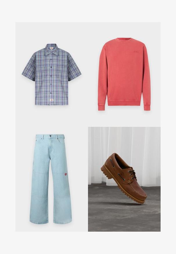 Sweat-shirt corail chiné, col rond, manches longues, poignets et ourlet côtelés. Présente un logo discret embossé sur la poitrine. Matière douce en mélange de coton.; Chemise à manches courtes à carreaux bleus, rouges et blancs, à boutons avec col et poche poitrine, présentée à plat sur un fond blanc.; Jean large bleu clair en denim avec des patches contrastants. Il présente une fermeture à boutons à l'avant et un petit patch logo sur la poche latérale.; Chaussure de bateau en cuir marron avec des lacets noirs, des coutures beiges et une semelle robuste, suspendue au-dessus d'un sol en béton gris.