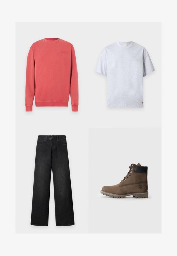 Lyserødmeleret sweatshirt, rund hals, lange ærmer, ribstrikkede manchetter og kant. Har et diskret, præget logo på brystet. Blødt bomuldsblandingsmateriale.; Enkelt lysegråt T-shirt med korte ærmer og rund hals, med en lille rektangulær logo-tag nederst ved højre kant.; Sorte vidde-ben jeans i denim med høj talje, fem-lomme-design og en enkelt knaplukning foran. Glat tekstur med minimal detaljering.; Brune læder ankelstøvle med sort krave, metaløjer og slidstærk grå sål. Har logo på siden og syet detaljer.