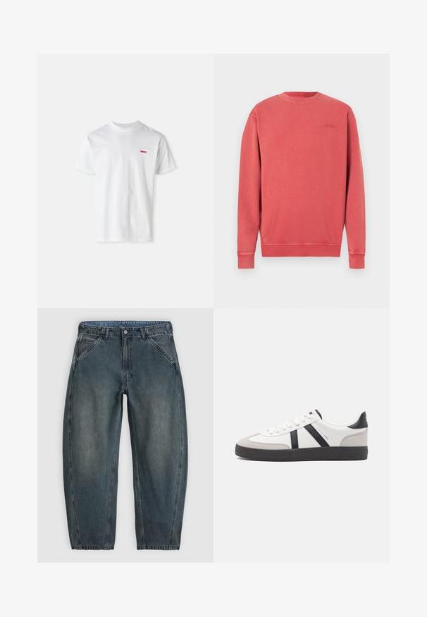 Sudadera de coral jaspeado, cuello redondo, mangas largas, puños y dobladillo acanalados. Presenta un logo sutil en relieve en el pecho. Material de mezcla de algodón suave.; Camiseta blanca de algodón con cuello redondo y mangas cortas, con un pequeño logo rojo "OBEY" en el lado izquierdo del pecho.; Vaqueros de mezclilla de color gris oscuro de talle alto con bolsillos delanteros inclinados, cierre de botón, trabillas para el cinturón y piernas ligeramente entalladas.; Zapatilla blanca con acentos en negro y gris, que presenta una puntera texturizada en gris, suela de goma negra y cordones planos blancos. Diseño limpio, estilo minimalista.