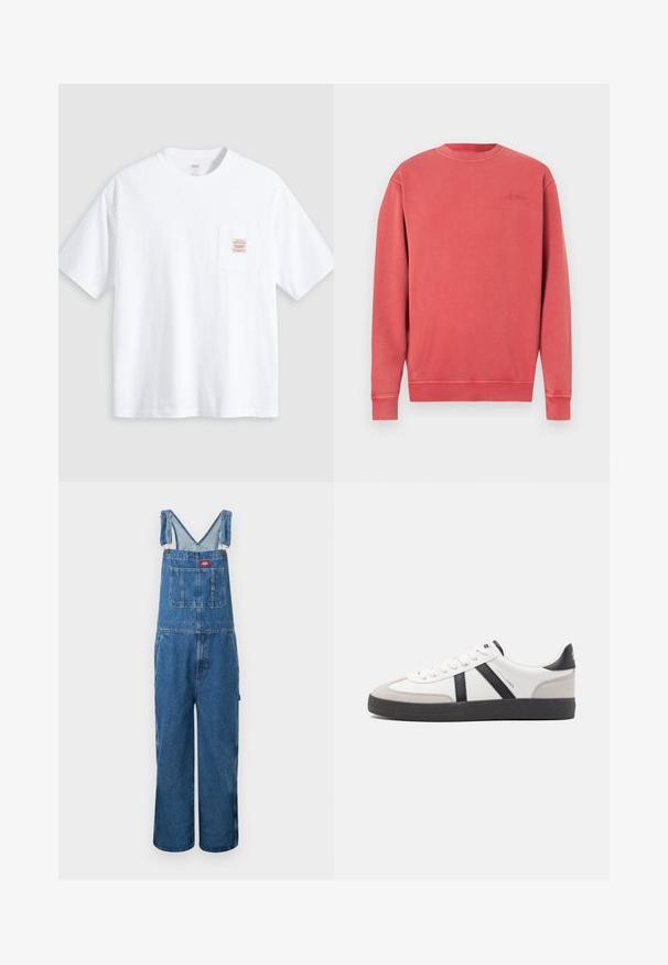 Lyserødmeleret sweatshirt, rund hals, lange ærmer, ribstrikkede manchetter og kant. Har et diskret, præget logo på brystet. Blødt bomuldsblandingsmateriale.; Hvid T-shirt med korte ærmer og rund hals med en lille lomme på brystet med en beige og rød rektangulær label.; Blå denim-dragter med justerbare skulderstropper, frontlomme på brystet, to sidelommer og bukser med vide ben på en hvid baggrund.; Hvide sneakers med sorte og grå detaljer, med en tekstureret grå tåhætte, sort gummisål og flade hvide snørebånd. Rent design, minimalistisk stil.