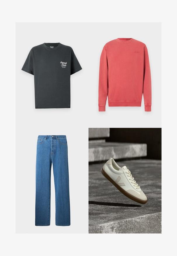 Lyserødmeleret sweatshirt, rund hals, lange ærmer, ribstrikkede manchetter og kant. Har et diskret, præget logo på brystet. Blødt bomuldsblandingsmateriale.; Mørkegrå bomulds t-shirt med rund hals, korte ærmer og et hvidt skriptlogo på venstre brystområde. Enkel, udekoreret design.; Lysblå denimjeans med lige ben. Har fem lommer, knaplukning og minimale syninger.; Hvide læder sneakers med tanfarvet gummisål, flade snørebånd og V-formet detalje på siden. Har en glat overflade og minimale syninger.