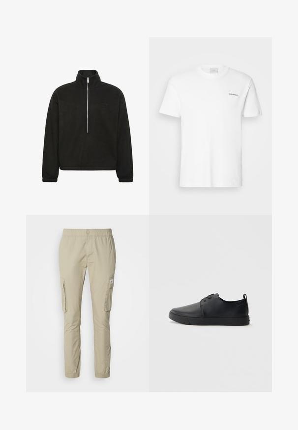 Pull polaire noir à manches longues, col montant et fermeture centrale à moitié zippée, avec poignets élastiques et petite écusson logo sur la poitrine.; T-shirt en coton blanc à manches courtes et col rond. Présente un petit logo noir "Calvin Klein" sur la poitrine gauche.; Pantalons cargo beige avec une taille élastique, deux poches cargo latérales et une texture lisse. Elle comporte un petit logo cousu sur la poche.; Baskets en cuir noir avec une finition lisse, bout arrondi, coutures ton sur ton, devant à lacets et semelle plate en caoutchouc. Anse au talon.