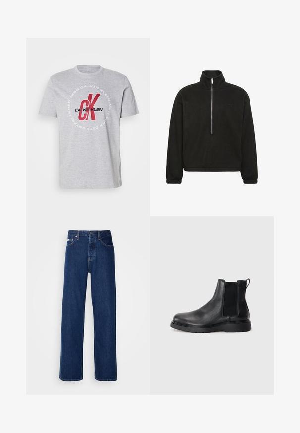 Sudadera de forro polar negra con mangas largas, cuello alto y cierre central con media cremallera, con puños elásticos y un pequeño parche con logo en el pecho.; Camiseta de algodón gris con cuello redondo, mangas cortas y un gráfico central con "Calvin Klein" y "CK" en rojo y negro.; Vaqueros de mezclilla azul oscuro con un diseño de pierna ancha, que presentan un cierre de botón y el clásico estilo de cinco bolsillos. La tela tiene una textura suave.; Botas Chelsea de cuero negro con acabado texturizado, paneles laterales elásticos y una suela de goma resistente. Marca sutil en el talón.