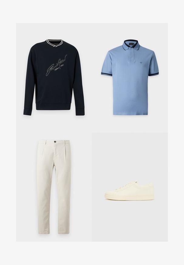 Marineblauwe sweatshirt met lange mouwen, witte gestreepte V-hals en witte cursieve logo-tekst "Emporio Armani Milano 1981" op de borst.; Lichtblauw poloshirt met korte mouwen, donkerblauwe kraag en mouwboorden, voorzien van een klein geborduurd logo op de borst.; Beige katoenen broek met een recht-pijpen ontwerp, uitgerust met een enkele zwarte knoopsluiting en twee voorzakken. Glad van structuur.; Slofkleurige sneaker met een glad leren bovenwerk, ronde neus, vetersluiting en een geribbelde rubberen zool. Minimalistisch ontwerp, zonder logo's.