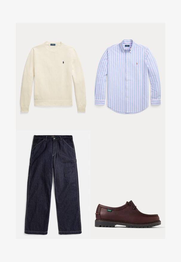 Jersey de punto de color crema con mangas largas, puños y bajo acanalados, con un pequeño logo Polo Ralph Lauren azul marino en el pecho.; Camisa de manga larga con rayas verticales azules y rosas, cuello abotonado y pequeño logo bordado en el pecho.; Vaqueros azul oscuro de pierna recta con costuras en contraste, trabillas para cinturón y bolsillos delanteros, extendidos sobre un fondo blanco.; Zapato estilo mocasín de cuero marrón oscuro con suela negra resistente y etiqueta con el logo verde de Polo en el lateral, mostrado en vista lateral.