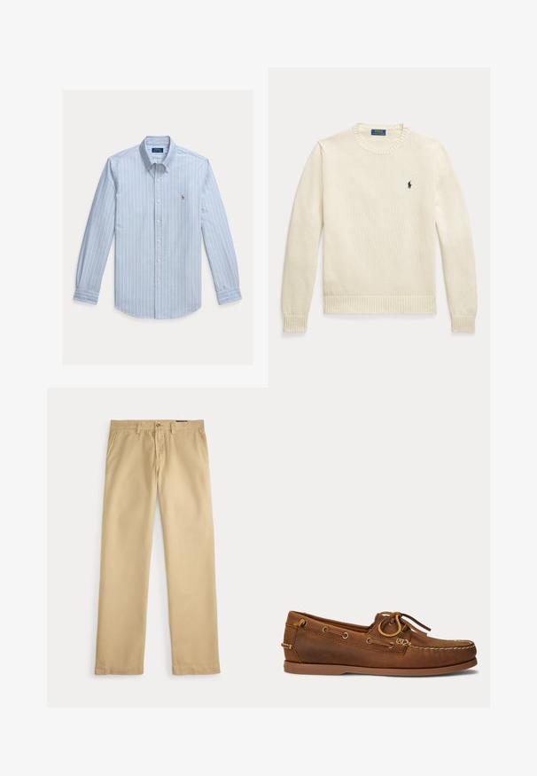 Krémový pletený sveter s dlhým rukávom, rebrovanými manžetami a lemom, s malým tmavomodrým logom Polo Ralph Lauren na hrudi.; Svetlomodrá košeľa s dlhým rukávom na gombíky s bielymi vertikálnymi pruhmi a malým vyšívaným logom Polo Ralph Lauren na hrudi.; Béžové nohavice s rovnými nohavicami, pútkami na opasok, bočnými vreckami a zapínaním na gombíky na bielom pozadí.; Hnedá kožená lodná topánka s mokasínovým šitím, detailom šnúrky prestrčenej kovovými očkami a plochou gumovou podrážkou zobrazená z bočného pohľadu.