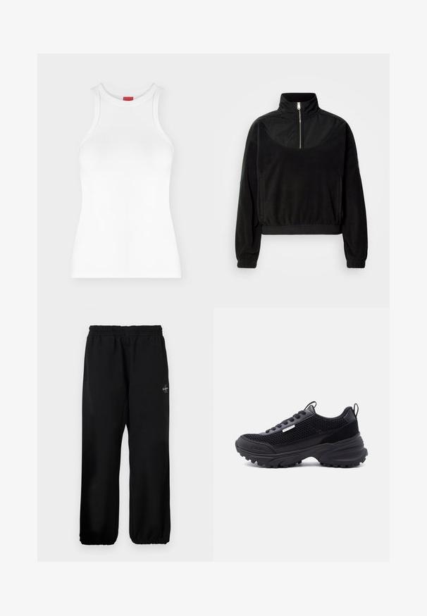 Pull à col zip noir, avec col haut, manches longues, poignets élastiques et poches latérales, présenté sur un fond blanc uni.; Débardeur côtelé blanc sans manches avec col montant et coupe ajustée, présenté sur un fond clair uni.; Pantalons de survêtement noirs avec une taille élastique, des jambes amples et un petit logo sur le côté gauche. Texture de tissu lisse.; Baskets de sport noires avec tige en mesh, semelle épaisse, lacets et petit logo Calvin Klein sur le côté et la zone des orteils.