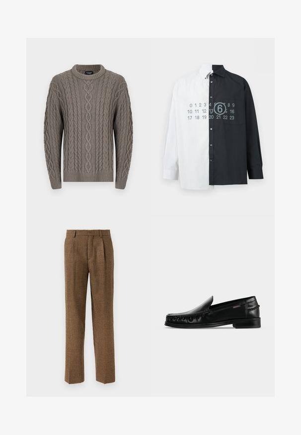 Hallide hallide kudumitega crewneck sviiter, millel on keerukad punutud mustrid, ribitud varrukaotsad, ääre ja kaelus, millel on silt Abercrombie & Fitch.; Särk, mille vasak pool on valge ja õhukeste triipudega, parem pool täiesti must, ees nupustatud, rinnatasku mustal poolel ning kalendrinumbrid ülekattega.; Pruunil ruudulisel lõhul vabalt langevad püksid, millel on ees voldid, siledakvaliteediline kangas ja sirge säärekujundus.; Mustast nahast libisev loafer madala kontsaga ja õmmeldud moc varbakesega, kujutatud lihtsal helehallil taustal.