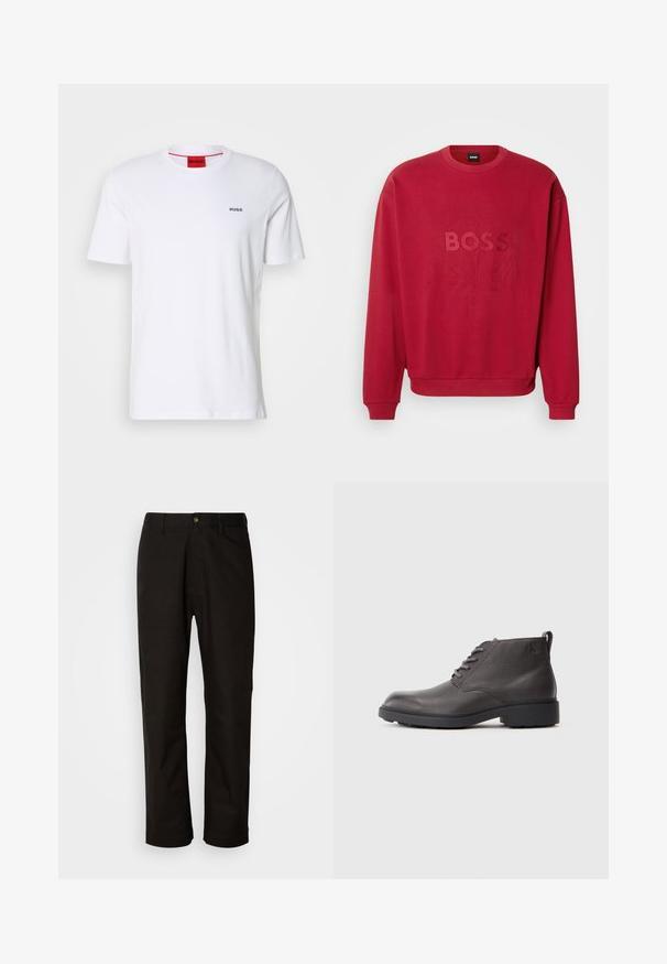 Sudadera roja con cuello redondo, mangas largas, puños y dobladillo acanalados. Presenta un logotipo en relieve de "BOSS" y detalles decorativos.; Camiseta de algodón blanca de mangas cortas, con un escote redondo y pequeño logo negro "HUGO" en el lado izquierdo del pecho. Presenta una etiqueta en el cuello interior de color rojo.; Pantalones de algodón negros con corte recto, presillas para el cinturón, cremallera frontal y un solo botón de cierre. Textura suave sin patrones visibles.; Botas de cuero negro hasta el tobillo con acabado texturizado, puntera redonda, cierre de cordones y una suela de goma baja y resistente. Presentan un detalle con el logo en el lateral.