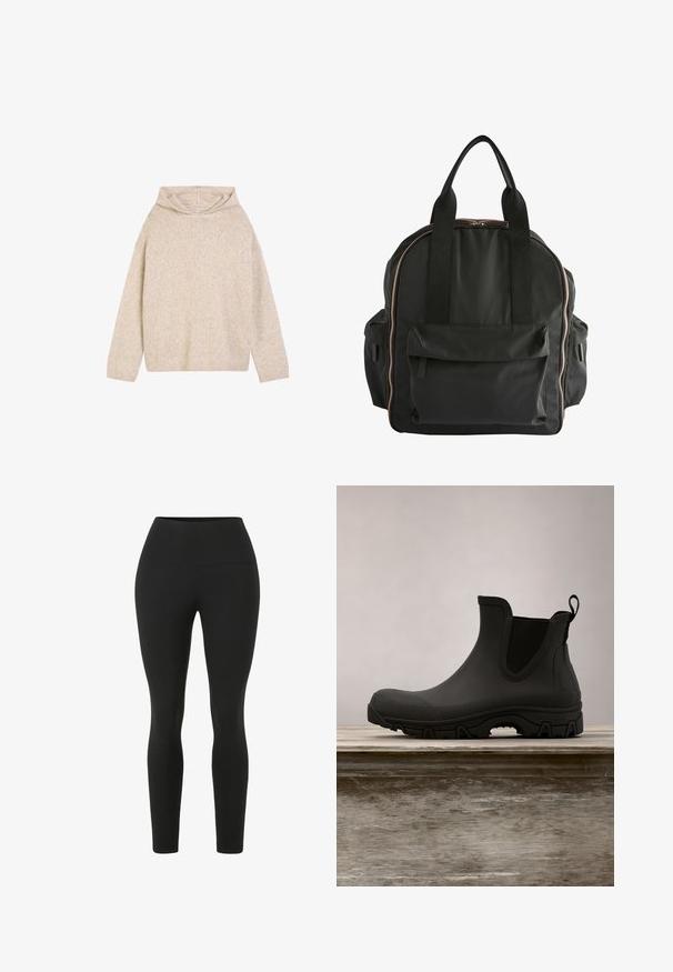 Pull en tricot beige avec col cheminée, manches longues et coupe décontractée. Fabriqué en matériau doux avec un motif texturé et léger.; Leggings noirs avec une taille haute. Fabriqués en tissu extensible, présentant une texture lisse et une silhouette ajustée sans coutures visibles.; Botte d'hiver noire imperméable à la cheville avec semelle à épais crampons flottant au-dessus d'un banc en bois sur fond d'herbe verte.; Sac à dos en nylon noir avec deux poignées, fermeture éclair dorée rose et poche avant. Design arrondi avec un tissu texturé et sans motifs visibles.