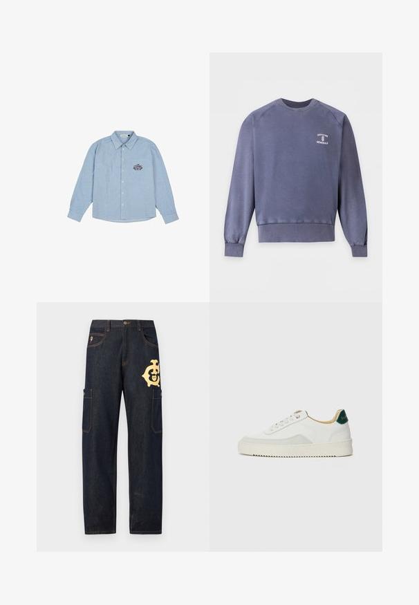 Sweat-shirt à manches longues col rond en bleu délavé avec poignets et ourlet côtelés, avec un petit texte blanc "Officine Generale" sur la poitrine.; Chemise rayée bleu clair, à manches longues, boutonnière à l'avant et col pointu. Présente un design brodé sur le côté gauche.; Pantalon cargo en denim foncé avec un logo doré sur la cuisse, deux poches latérales, et des coutures contrastantes jaunes le long des coutures.; Baskets blanches avec des accents en daim, bout arrondi, lacets plats et semelle en caoutchouc crème. Présente une marque verte sur le talon.