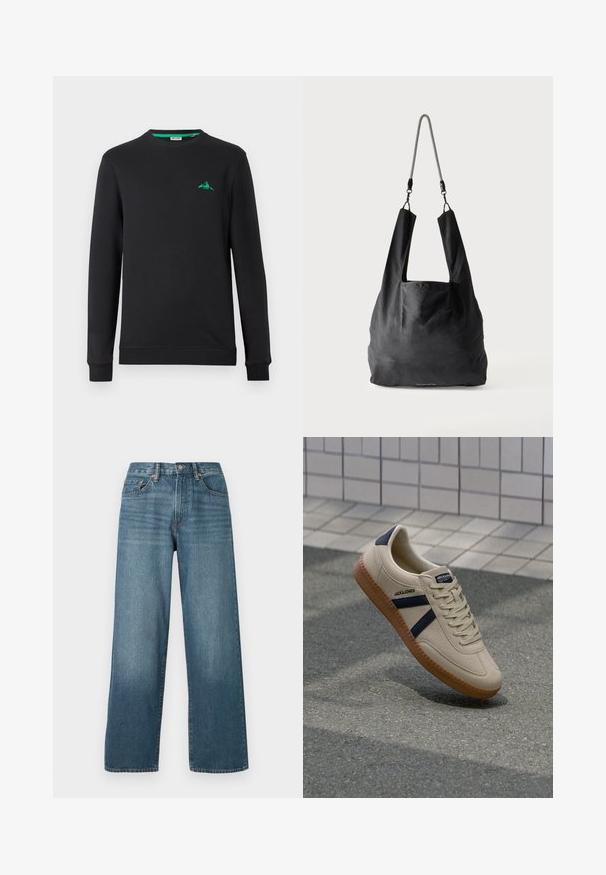 Schwarzes Sweatshirt mit langen Ärmeln, Rundhalsausschnitt und einem türkisfarbenen Berglogo auf der linken Brust. Glatte Textur und minimalistisches Design.; Weite, dunkelblaue Denim-Jeans mit Knopfverschluss, Gürtelschlaufen und einem ausgewaschenen Textur. Mit fünf Taschen und Kontrastnähten.; Beige Sneaker mit strukturierter Oberfläche, dunkelblauen Streifen und Gummisohle. Verfügt über eine gepolsterte Zunge und ein traditionelles Schnürsystem für einen sicheren Sitz.; Schwarze weiche Stofftragetasche mit breiten Griffen und einem dünnen schwarz-weißen geflochtenen Schulterriemen.