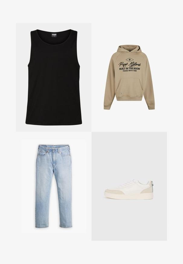 Beige hætte-trøje med en frontlomme, snørelukning i hætten og sort trykt tekst. Har ribbede mansjetter og kanten, fremstillet af blødt bomuldsblandingsstof.; Sort tanktop lavet af blødt bomuldsstof. Har en rund halsudskæring og brede armhuller, uden synlige mønstre eller accenter.; Lysblå denimjeans med lige bendesign, fem lomme stil og kontrastsyet. Knap- og lynlåslukning i taljen.; Hvide sneakers med beige ruskind detaljer, flade snørebånd og en tekstureret gummisål. Inkluderer en grøn løkke på hælen.