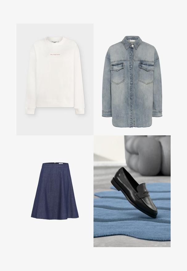 Biela mikina s okrúhlym výstrihom, dlhými rukávmi, rebrovanými manžetami a lemom, so stredovo umiestneným malým červeným textom "Marc O'Polo Denim" na hrudi.; Svetlomodrá rifľová bunda s dlhými rukávmi, golierom, predným zapínaním na gombíky a dvoma náprsnými vreckami s klopami a gombíkmi.; Džínová sukňa v A-línii, tmavomodrá, po kolená, s hladkým pásom a skrytým zipsom, so rozšíreným strihom. Jemná textúrová detail.; Čierna kožená mokasína leží na modrom textúrovanom koberci s šedou čalúnenou stoličkou v pozadí.