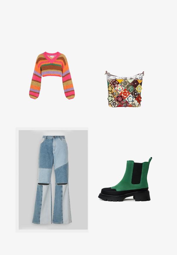 Strikket kort sweater med V-hals, prydet med brede striber i pink, orange, brun, grøn og lyse lilla. Lange ærmer, chunky tekstur.; DL1961 ZOIE WIDE VINTAGE - Flared jeans - light-blue denim; Grønne ruskindsankelsko med sorte elastiske sidepaneler og en tyk, mønstret sål. Har en træksløjfe bagpå for nem påtagning.; Lille håndtaske med farverige quiltede læderfirkanter, hver prydet med en lagdelt blomst og en central rhinsten, lynlåslukning i toppen.
