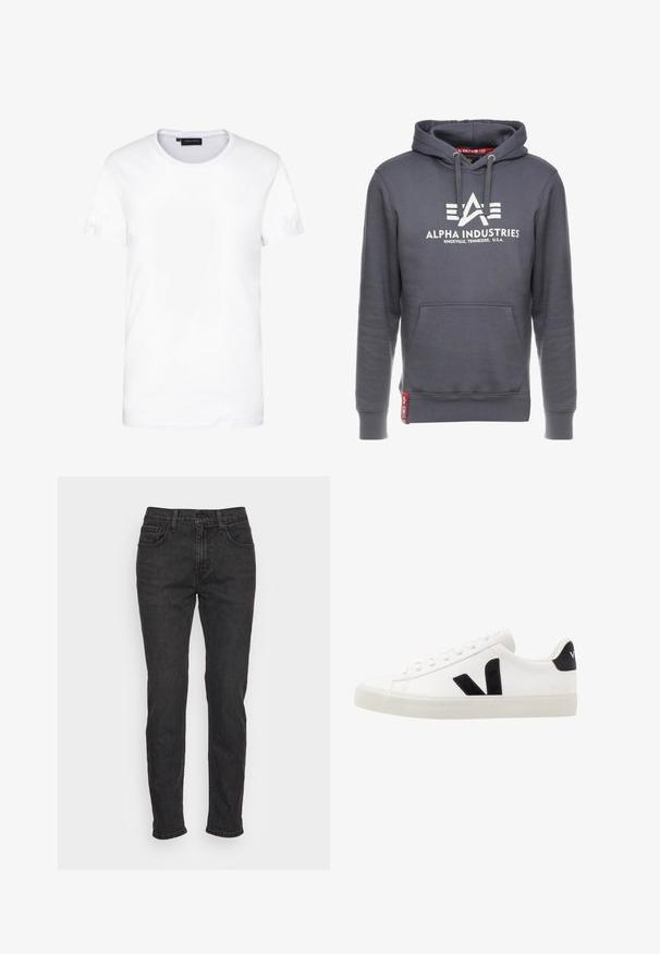 Grijze hoodie van een katoenmix, met een voorste kangaroezak, trekkoordcapuchon en een wit logo op de borst.; Witte katoenen t-shirt, korte mouwen, ronde halslijn, eenvoudige uitstraling, zachte textuur, recht gesneden, standaard pasvorm, geen zichtbare patronen of accenten.; Zwarte denim jeans met een slim fit, voorzien van vijf zakken, riemlussen en subtiele stiksels. Versleten textuur over de stof.; Witte leren sneaker met zwarte suède accenten; voorzien van een rubberen zool, ronde neus en een klassieke vetersluiting. Zijkant met logo in het zwart.