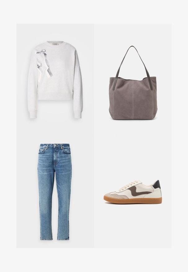 Scotch & Soda CHEST ARTWORK RELAXED - Sweatshirt - light grey melange; Jeans en denim bleu clair avec une taille haute, un design à jambe droite et une texture délavée. Comprend des accessoires en métal argenté et des coutures contrastées.; Baskets avec une tige en cuir crème, un accent en suède marron foncé, des lacets beiges et une semelle en caoutchouc beige ; design classique à profil bas.; Sac fourre-tout en suédine grise avec deux poignées en cuir foncé. Présente des coutures sur les côtés, une texture douce et une ouverture spacieuse.