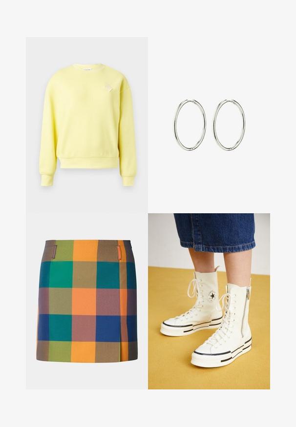 Gul sweatshirt lavet af tekstureret stof med rund halsudskæring, lange ærmer og en lille diamantformet detalje på brystet.; Multifarvet nederdel med et iøjnefaldende ternet mønster med orange, grønne, blå og brune firkanter. Designet med lige snit og sidde accenter.; Hvide høj-top sneakers med lynlåslukning, snørresystem og sorte striber på en tyk sål. Tekstureret kanvasmateriale.; Sølvøreringe med en glat, poleret overflade. Rund form, letvægtsdesign med en sikker låsemekanisme.