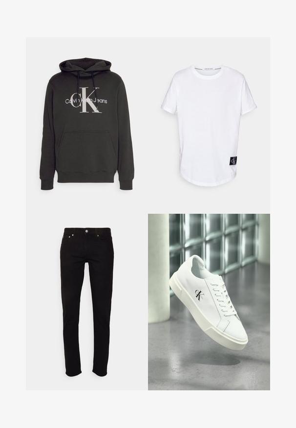 Sudadera con capucha negra hecha de tejido suave. Cuenta con un bolsillo frontal y cordones. Muestra el logo de "Calvin Klein Jeans" en blanco y gris.; Camiseta blanca de algodón con mangas cortas enrolladas, dobladillo redondeado y una etiqueta de logo negra que presenta "CK" en la esquina inferior izquierda.; Vaqueros negros de corte ajustado con cierre de botón y cremallera, bolsillos delanteros y traseros, mostrados sobre fondo blanco.; Zapatilla blanca Calvin Klein con cordones, mostrada flotando sobre un suelo de cemento pulido y un fondo de pared de bloques de vidrio.