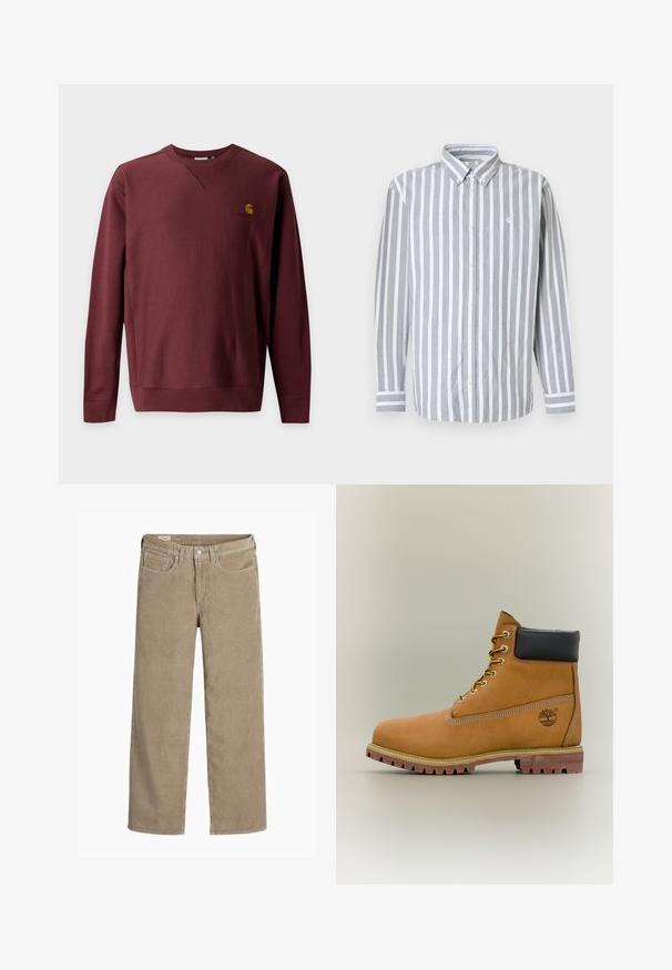 Bordeauxkleurige sweatshirt met lange mouwen en ronde hals, geribde manchetten en zoom, met een klein geel logo op de linkerborst.; Herenoverhemd met knopen, grijze en witte verticale strepen, lange mouwen en een klein logo op de borst. Katoenen stof, klassieke kraag.; Lichtbruine corduroy broek in een wijd model, met een knoop- en ritssluiting, vijf zakken en een zachte, ribbeltextuur.; Bruine leren enkellaars met zwarte kraag, gele veters en een zandkleurige zool. Voorzien van een logo en witte stikseldetails. Robuuste loopzool met grip.