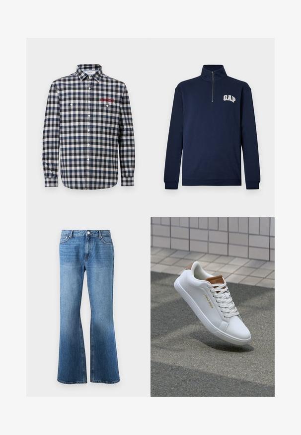 Marineblå langærmet pullover med halv lynlås i kraven og hvidt "GAP"-logo på venstre bryst.; Herre skjorte med knapper i marine- og hvidt ternet mønster, der har to brystlommer, en almindelig krave og røde broderidetaljer.; Blå denim jeans med høj talje og bred benudskæring, der har frontlommer, bæltesløjfer og en knaplukning.; Hvide lædersneakers med en glat overflade, tan-akcent på hælen, gyldent logo på siden og en gummisål med tekstureret greb.