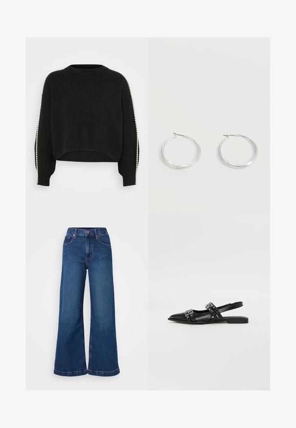 Sweatshirt noir en maille avec texture côtelée, design court et manches longues. Présente des accents blancs contrastants le long des coutures latérales.; Jean en denim à jambes larges, de couleur bleu foncé, avec une taille haute, un design à cinq poches et des ourlets retroussés. Texture lisse avec des détails de couture discrets.; Even&Odd Ballerines à brides arrière - black; Boucles d’oreilles créoles en métal argenté avec une surface lisse légèrement incurvée et des fermoirs à clapet sur un fond blanc uni.