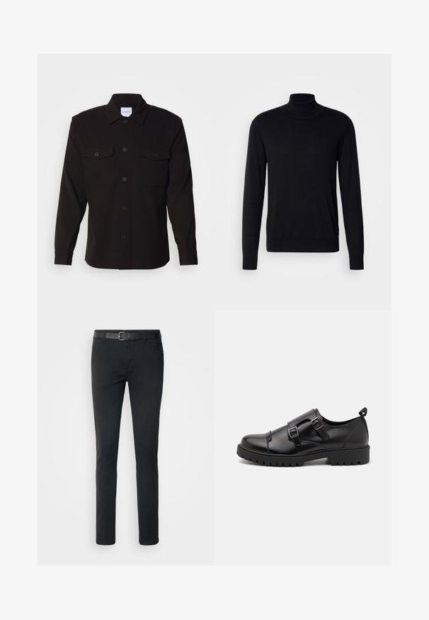Schwarzer Rollkragenpullover aus weichem Stoff. Mit langen Ärmeln, geripptem Kragen und Bündchen, hat eine glatte Textur und keine Muster.; Schwarze Langarmbluse mit durchgehender Knopfleiste, zwei Brusttaschen und einem strukturierten Kragen. Hergestellt aus einem strapazierfähigen Stoff mit einer glatten Textur.; Schwarze Chinos mit schmaler Passform, ausgestattet mit einem strukturierten schwarzen Gürtel und Fronttaschen, aus einem leichten, strapazierfähigen Baumwoll-Mischgewebe gefertigt.; Pier One by Zalando Business-Slipper - black