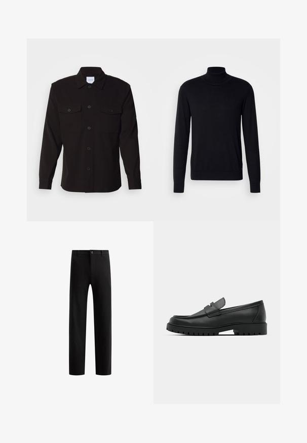 Schwarzer Rollkragenpullover aus weichem Stoff. Mit langen Ärmeln, geripptem Kragen und Bündchen, hat eine glatte Textur und keine Muster.; Schwarze Langarmbluse mit durchgehender Knopfleiste, zwei Brusttaschen und einem strukturierten Kragen. Hergestellt aus einem strapazierfähigen Stoff mit einer glatten Textur.; Schwarze, maßgeschneiderte Hose mit flachem Vorderteil, geraden Beinen, einem Knopfverschluss und Gürtelschlaufen, aus einem glatten Stoff ohne sichtbare Muster.; Schwarze Lederloafer mit runder Zehenform, ausgestattet mit einem gesteppten Design, niedrigem Plattformsohle und einer strukturierten, genoppten Gummisohle.