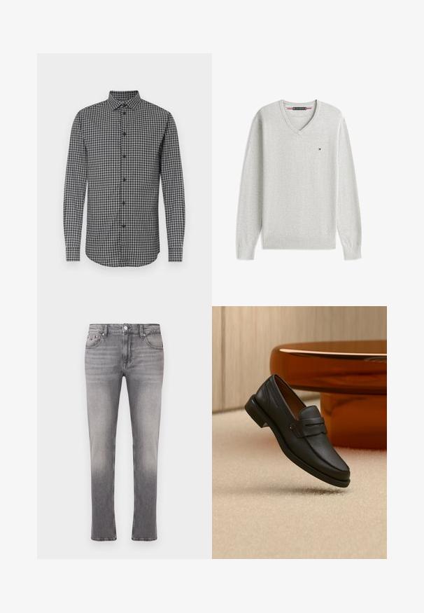 Pull gris clair à manches longues avec col en V, petit logo rouge, blanc et bleu sur la poitrine gauche, poignets et ourlet côtelés.; Chemise à manches longues à carreaux noirs et blancs avec un col boutonné, offrant une coupe régulière et une fermeture à boutons sur le devant. Tissu texturé.; Jean en denim gris à coupe droite, avec un effet délavé, cinq poches et une fermeture par bouton métallique. Coutures contrastées visibles.; Mocassin homme en cuir noir avec une bande sur le dessus, présenté sur un tapis beige près d'une table ronde moderne marron.
