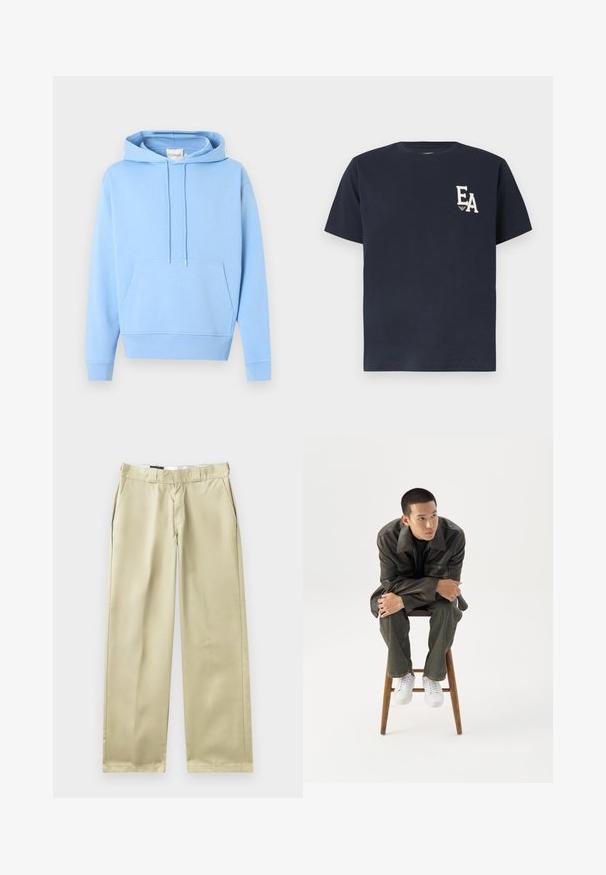 Lichtblauwe capuchontrui met kangoeroezak aan de voorkant en trekkoorden, afgebeeld tegen een effen witte achtergrond.; Marineblauw T-shirt met korte mouwen, voorzien van witte "EA" letters en een klein logo op de linkerborst, met ronde hals en een eenvoudig ontwerp.; Beige broek met een rechte snit, gemaakt van gladde stof. Voorzien van zijzakken en een klassieke tailleband met riemlussen.; Jonge man in een donkere leren jas en spijkerbroek zit op een houten kruk, leunt naar voren met gekruiste armen en kijkt naar de zijkant tegen een witte achtergrond.