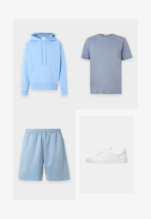 Sweat à capuche bleu clair avec poche kangourou à l'avant et cordons ajustables, présenté sur un fond blanc uni.; T-shirt bleu clair en coton à manches courtes et col rond avec un design simple et une étiquette de marque visible à l'intérieur du col.; Shorts de sport bleu clair avec taille élastique et bandes blanches sur les côtés, présentés sur un fond blanc uni.; Baskets basses blanches avec un design à lacets, dessus en cuir lisse et semelle épaisse, montrées de profil sur un fond uni.