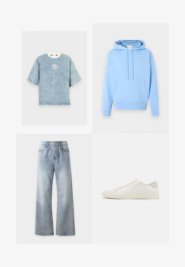 Sweat à capuche bleu clair avec poche kangourou à l'avant et cordons ajustables, présenté sur un fond blanc uni.; T-shirt oversize bleu délavé à manches courtes avec une encolure ronde blanche et un petit logo circulaire délavé sur la poitrine.; Jean bleu clair taille haute à jambes larges avec poches avant, fermeture à boutons et délavage sur les cuisses et les genoux.; Baskets en cuir blanc avec une surface lisse, bout rond et design minimaliste. Présentent des accents beiges sur le talon et une semelle en caoutchouc.