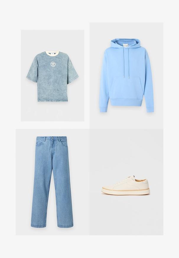 Sweat à capuche bleu clair avec poche kangourou à l'avant et cordons ajustables, présenté sur un fond blanc uni.; T-shirt oversize bleu délavé à manches courtes avec une encolure ronde blanche et un petit logo circulaire délavé sur la poitrine.; Jean en denim bleu clair à jambes droites avec poches devant, passants de ceinture et fermeture par bouton, sur fond uni.; Baskets en cuir blanc avec un bout rond, design simple à lacets, semelle intérieure rembourrée et semelle en caoutchouc beige contrastante. Texture lisse sur l'ensemble.