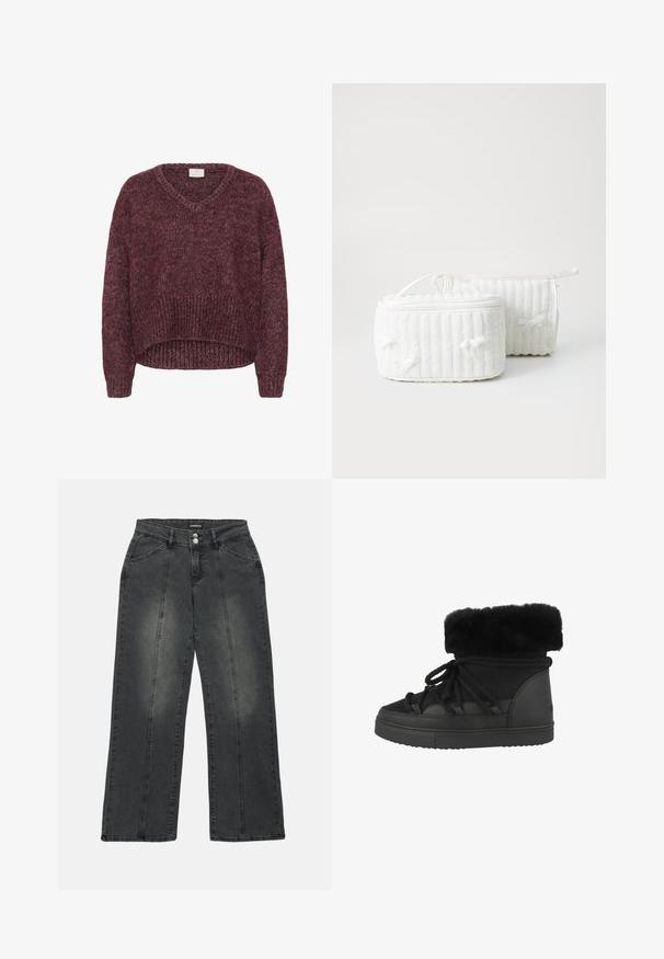 Mørkerød strikket V-hals sweater med lange ærmer og ribbet manchetter og kant, lidt længere bagpå.; Bredde ben jeans i mørkegrå denim. Funktionerne inkluderer en knaplukning, to frontlommer og lodret syning for detaljen. Slidte områder er til stede.; Sorte ankelstøvler med kunstpels, der har struktureret materiale, rund tå og flad gummisål. Inkluderer snørebånd til lukning.; To hvide tekstil kosmetikpunge, den ene rektangulær med et bærehåndtag, som har ribbet tekstur og små sløjfer på siderne. Den anden er cylindrisk.