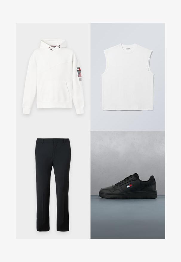 Witte hoodie met capuchon, voorvak in kangoeroestijl, schuine naaddetails en een mouwpatch met het Tommy Hilfiger-logo en de Amerikaanse vlag.; Wit mouwloos katoenen top met ronde hals en gestructureerde schouders, met het merk "WEEKDAY" op het label in de kraag, afgebeeld op een lichtgrijze achtergrond.; Zwarte op maat gemaakte broek met een gladde textuur, recht gesneden design, veilige tailleband en zonder zichtbare patronen of versieringen.; Zwarte leren sneaker met een geperforeerde neus en textuuraccenten. Bevat een klein logo in rood, wit en blauw aan de zijkant.