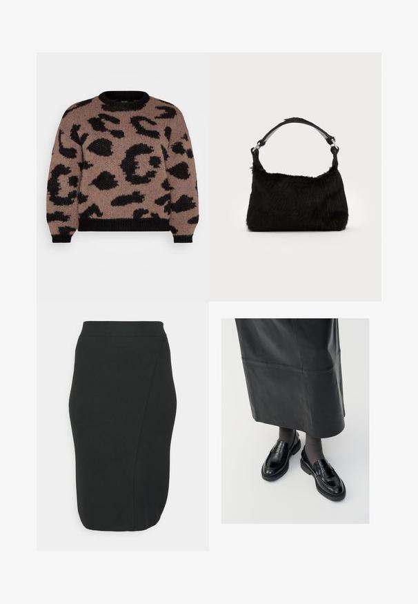 Vero Moda Curve VMCZELMA O NECK - Πουλόβερ - brown/black; EVOKED VILA VIMARLA PENCIL SKIRT - Pencil φούστα - black; Μαύρες δερμάτινες loafers με λεία φινίρισμα, που διαθέτουν διακοσμητική ταινία, στρογγυλή μύτη και υφασμένη σόλα. Φορεμένες με μία μακριά μαύρη δερμάτινη φούστα.; Μαύρη τσάντα χειρός από ψεύτικη γούνα με απαλή υφή, στρογγυλή σχήμα και ανθεκτική μαύρη δερμάτινη ιμάντα ώμου. Ορατά ασημένια αξεσουάρ.